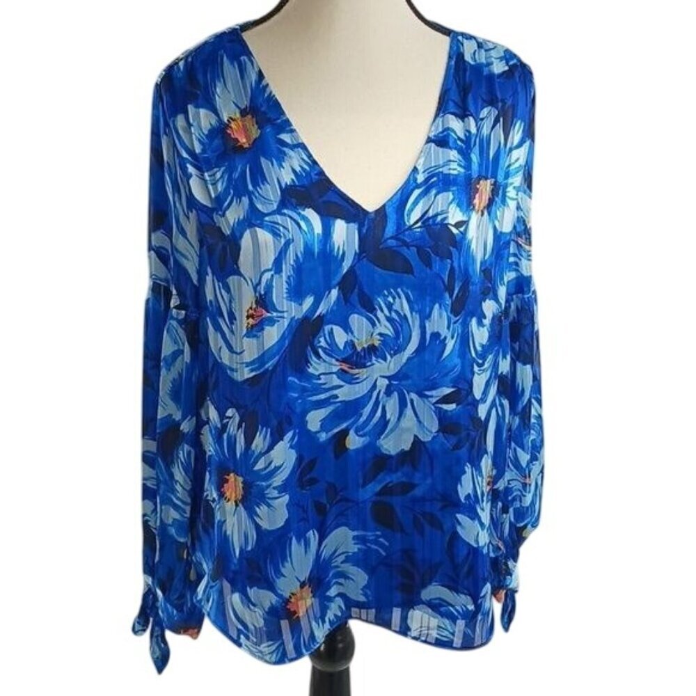 Isaac Mizrahi Womens Top S Floral Blouse V Neck Long Sleeve Blue Print